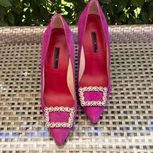 Carolina Herrera Fuchsia Suede Heels with Crystal Buckle